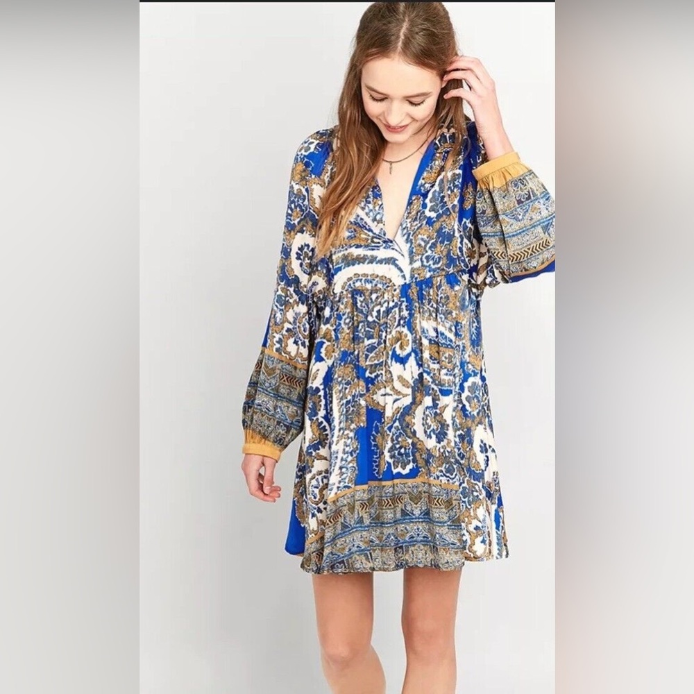 Free People Say You Love Me Mini Dress Small Blue Paisley Bohemian Festival